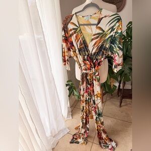 Veronica M Tropical Floral Wrap Maxi Dress Cream Small